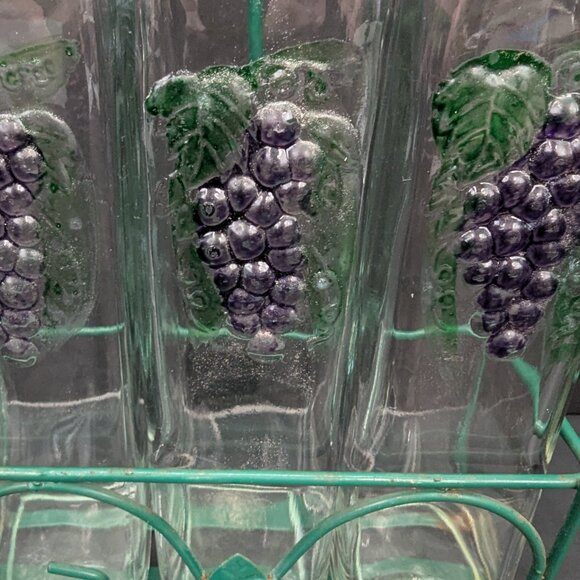 Four Piece Storage Set 13" Green Metal Rack and 3 Grapes Glass 10" Jars No Lids - Picture 3 of 9